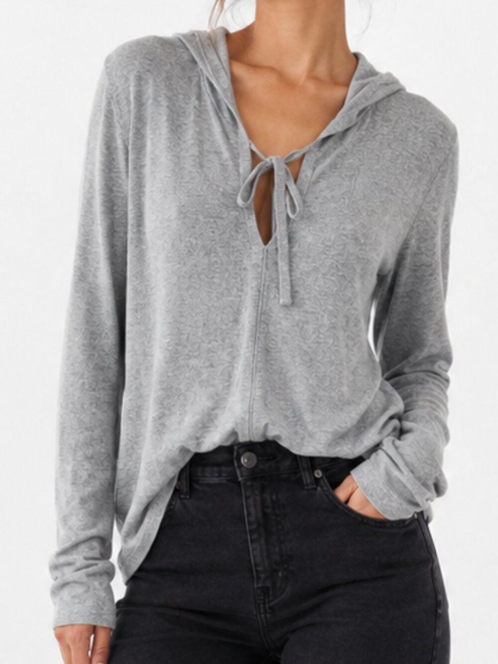 Nordstrom Signature 100% Cashmere Gray Hooded Sweater Tie Neck Size Medium